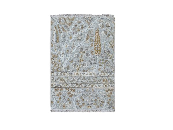 2'x3' Spanish Gray, 200 KPSI, Meditation Tree of Life Design, Tone on Tone, Zero Pile, Hand Knotted, 100% Wool, Densely Woven, Sample, Mat, Oriental Rug HR77002