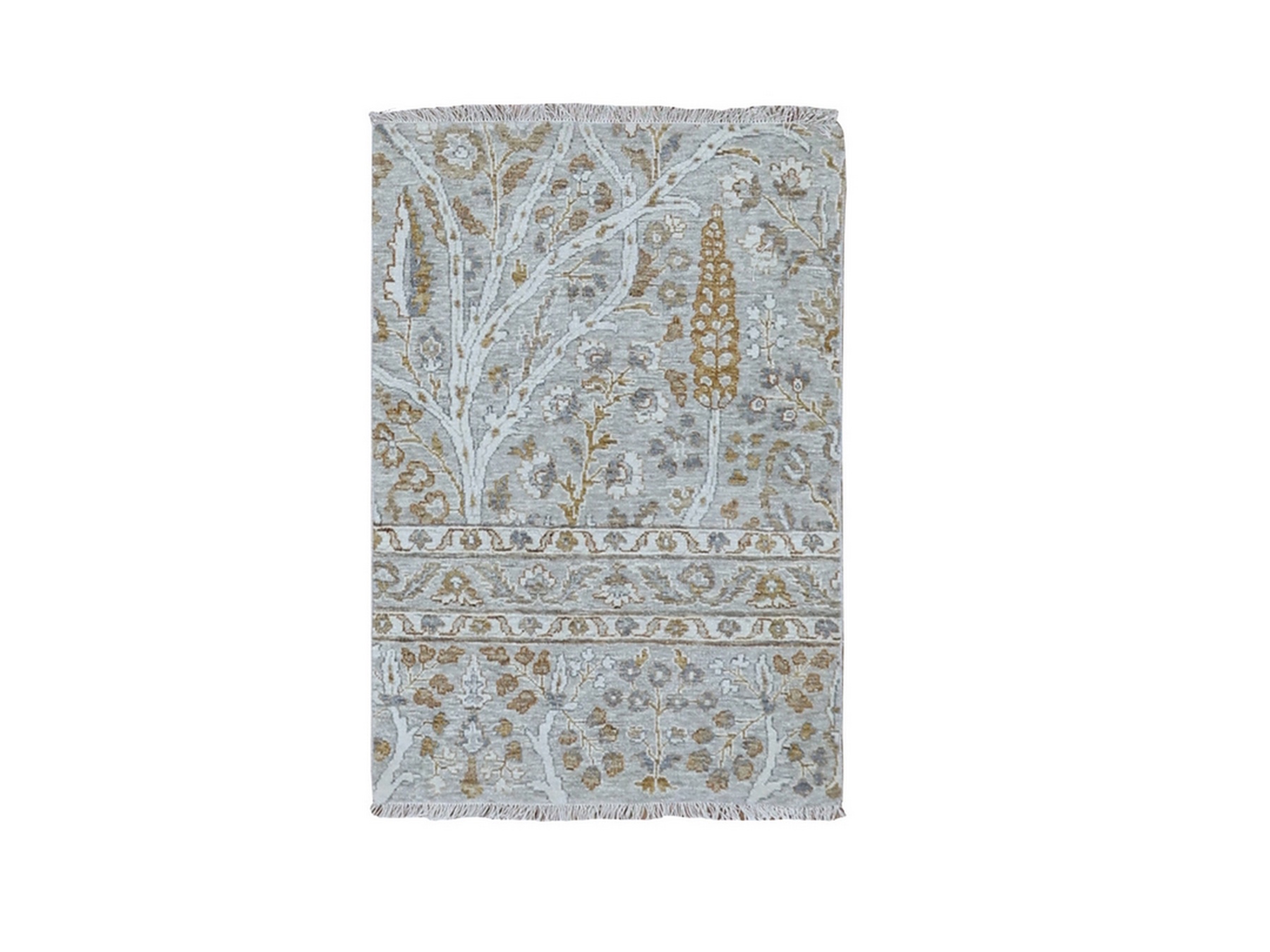 2'x3' Spanish Gray, 200 KPSI, Meditation Tree of Life Design, Tone on Tone, Zero Pile, Hand Knotted, 100% Wool, Densely Woven, Sample, Mat, Oriental Rug HR77002