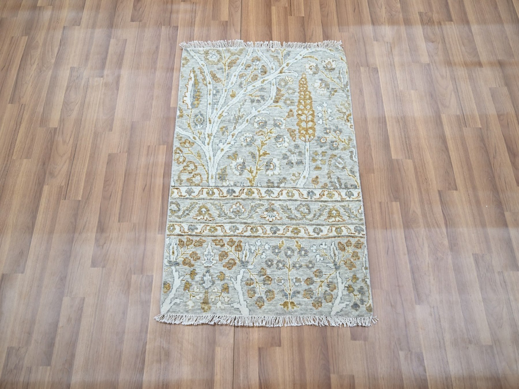 2'x3' Spanish Gray, 200 KPSI, Meditation Tree of Life Design, Tone on Tone, Zero Pile, Hand Knotted, 100% Wool, Densely Woven, Sample, Mat, Oriental Rug HR77002 - Image 2