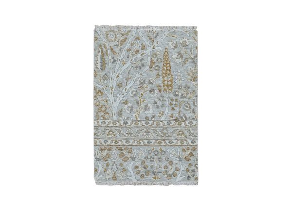 2'x3' Spanish Gray, Zero Pile, 200 KPSI, Meditation Tree of Life Design, Tone on Tone, Densely Woven, Hand Knotted, 100% Wool, Sample, Mat, Oriental Rug HR77003