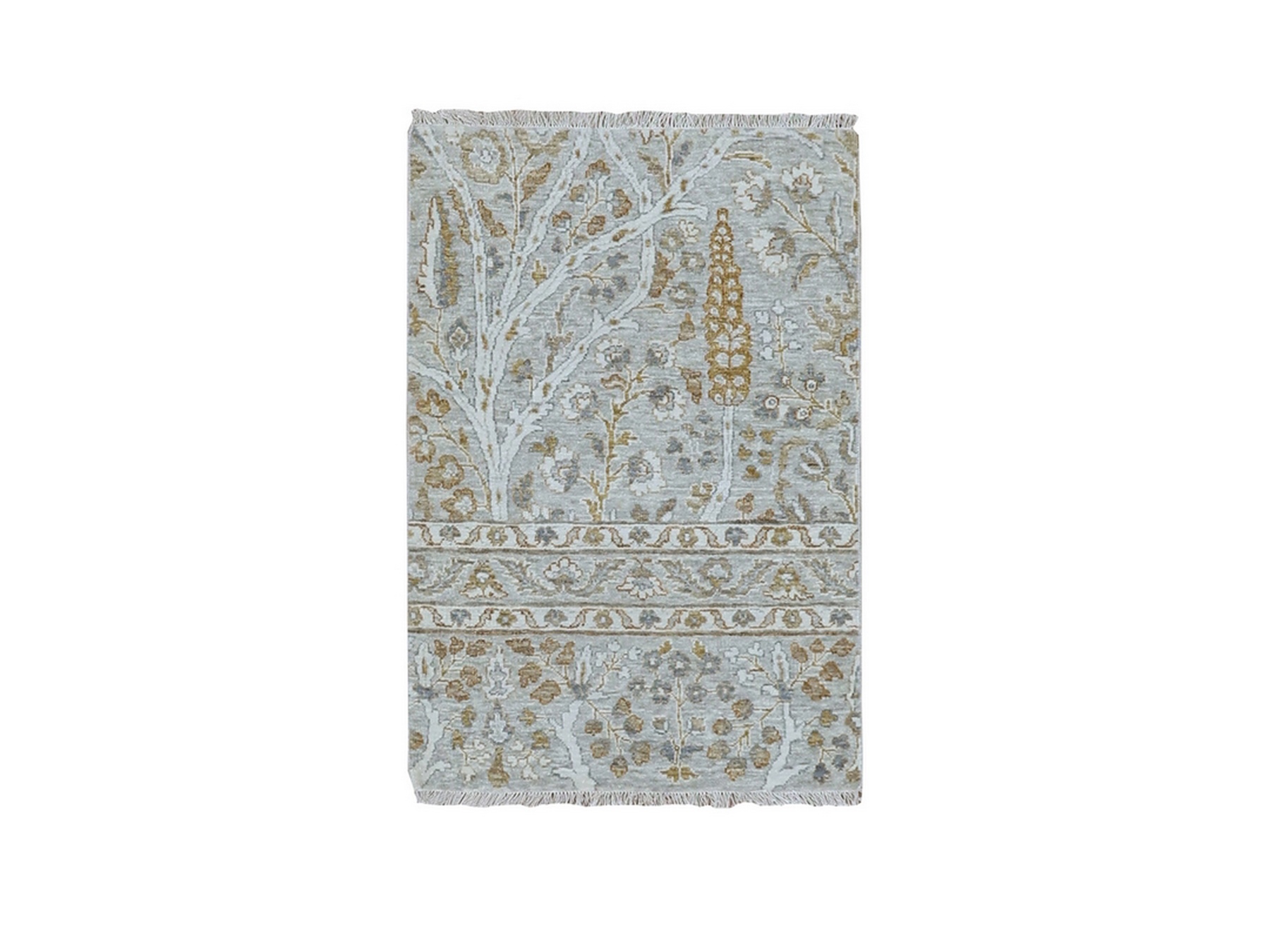 2'x3' Spanish Gray, Zero Pile, 200 KPSI, Meditation Tree of Life Design, Tone on Tone, Densely Woven, Hand Knotted, 100% Wool, Sample, Mat, Oriental Rug HR77003