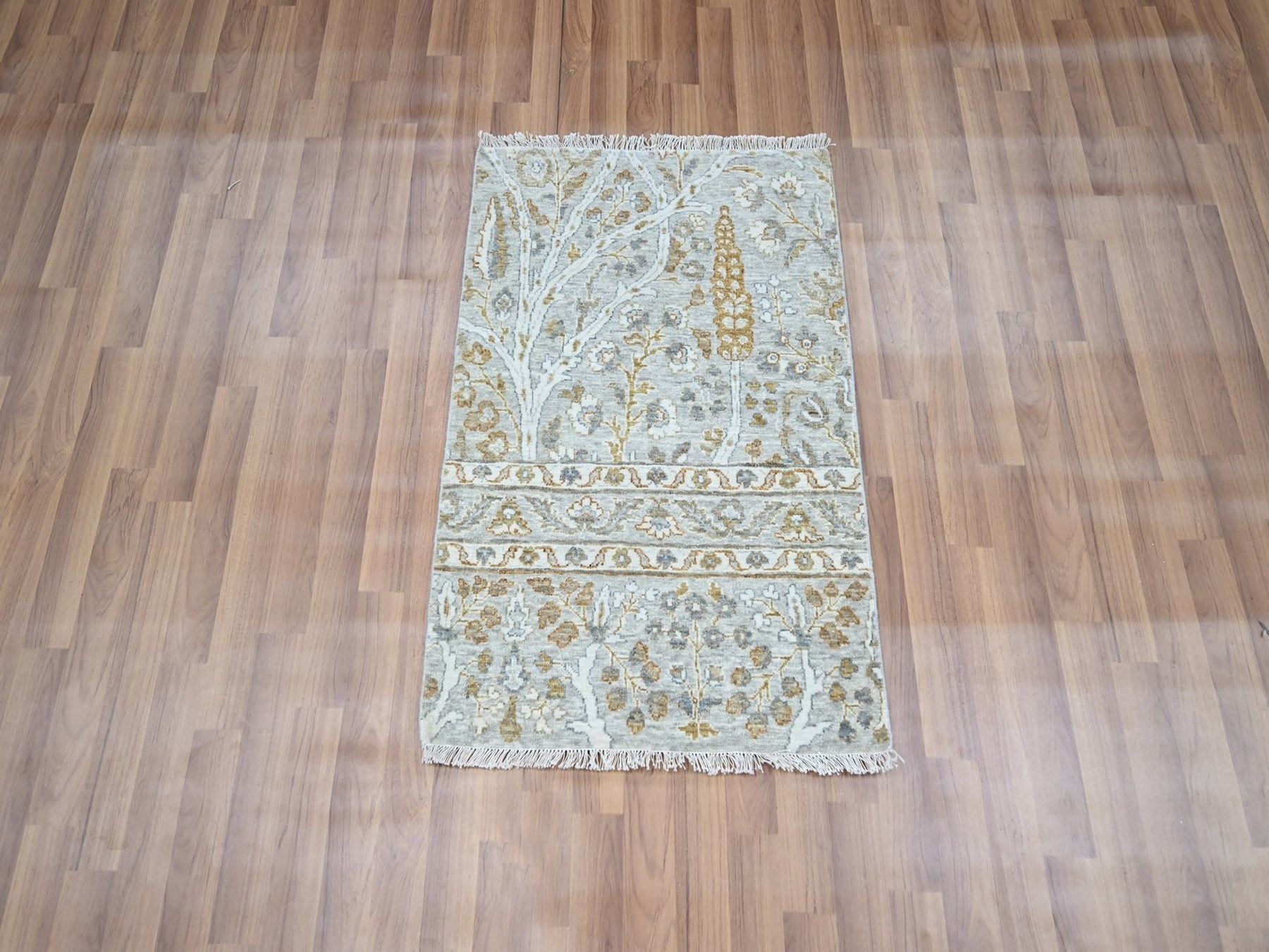 2'x3' Spanish Gray, Zero Pile, 200 KPSI, Meditation Tree of Life Design, Tone on Tone, Densely Woven, Hand Knotted, 100% Wool, Sample, Mat, Oriental Rug HR77003 - Image 2
