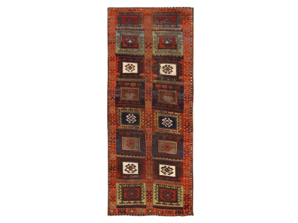 3'x8'3" Burnt Orange, Antique Kurdish Anatolian with Geometric Design, Good Condition, Some Wear, Soft and Shiny Wool, Vegetable Dyes, Hand Knotted, Wide Runner, Oriental Rug HR78612