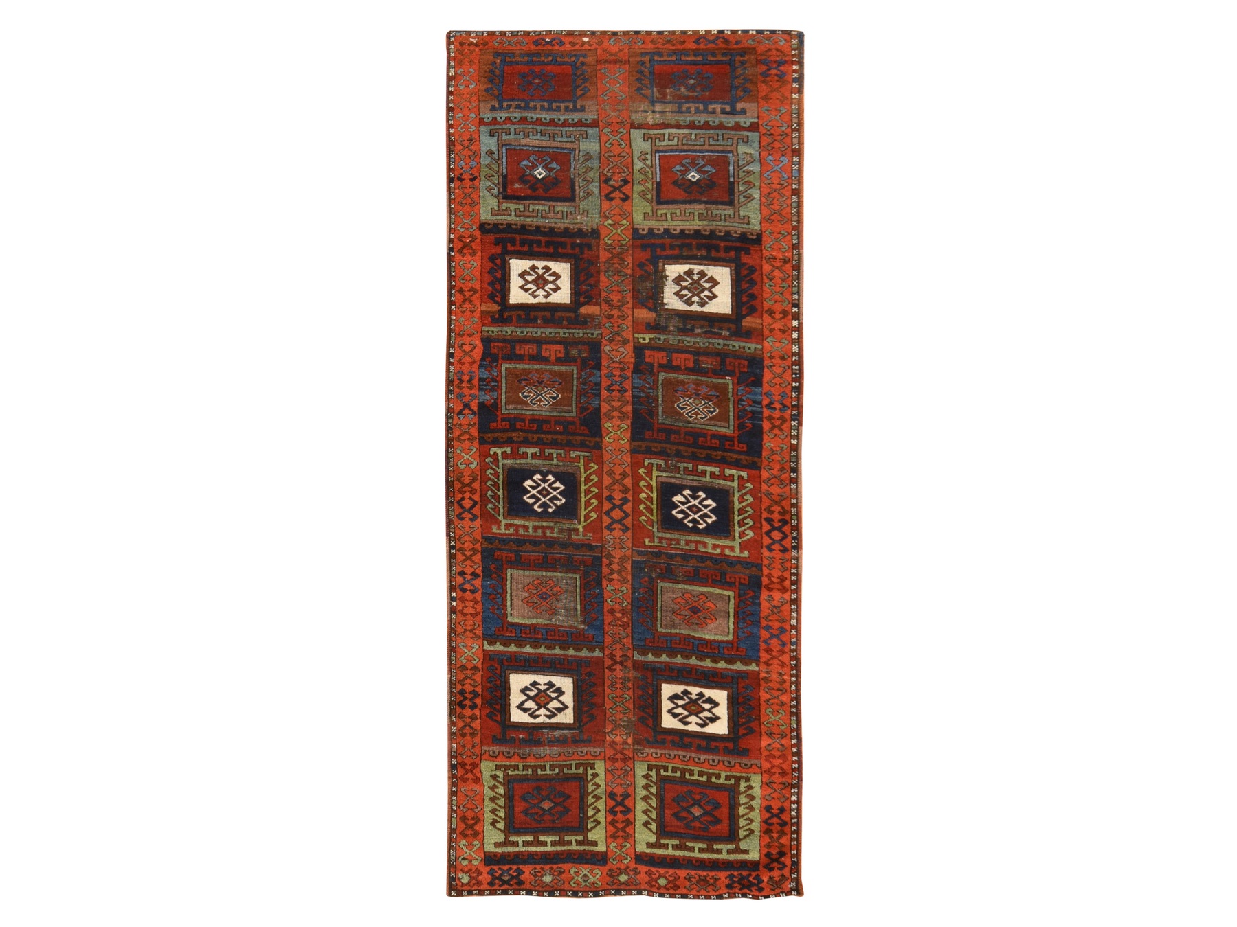 3'x8'3" Burnt Orange, Antique Kurdish Anatolian with Geometric Design, Good Condition, Some Wear, Soft and Shiny Wool, Vegetable Dyes, Hand Knotted, Wide Runner, Oriental Rug HR78612