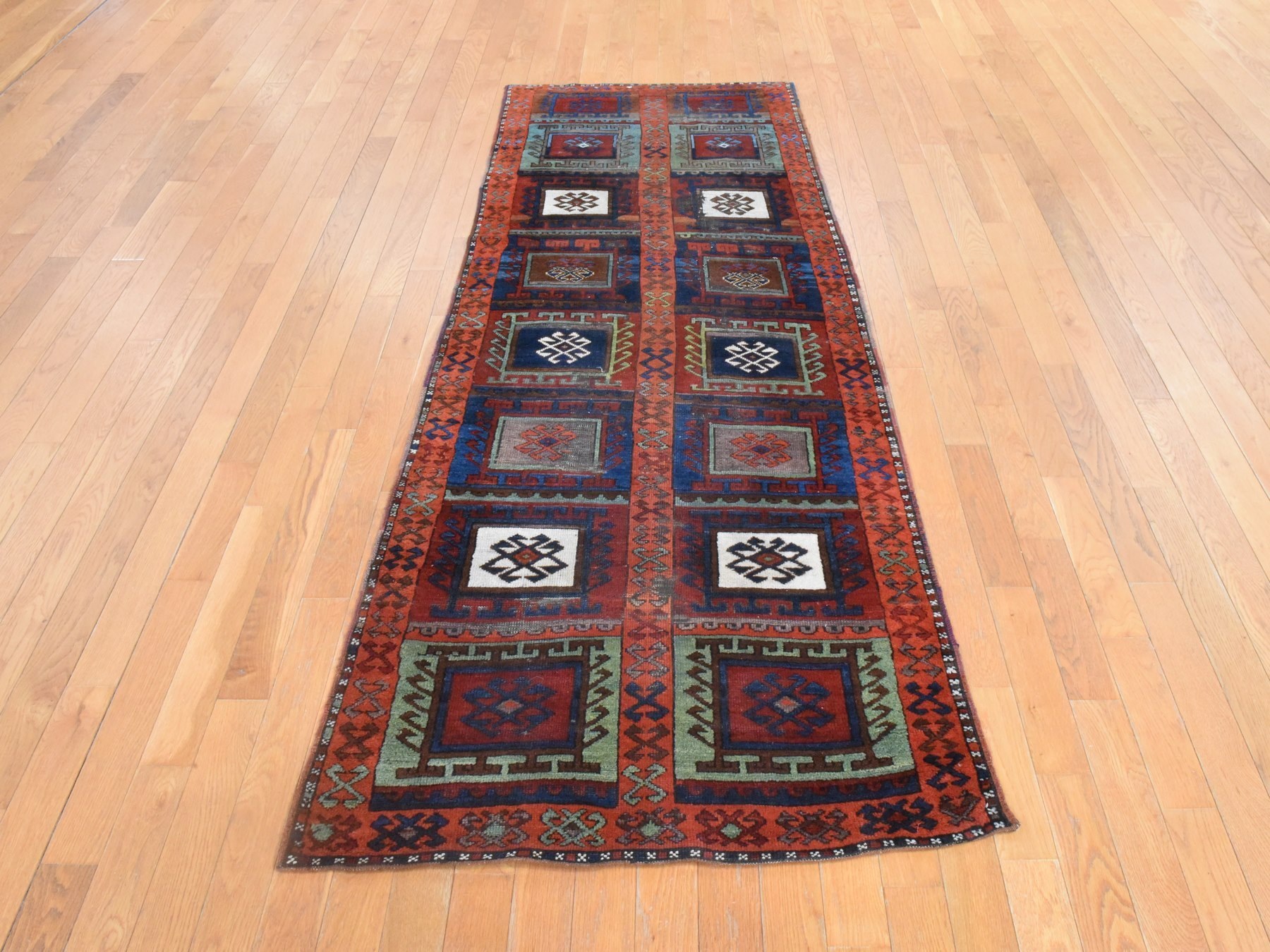 3'x8'3" Burnt Orange, Antique Kurdish Anatolian with Geometric Design, Good Condition, Some Wear, Soft and Shiny Wool, Vegetable Dyes, Hand Knotted, Wide Runner, Oriental Rug HR78612 - Image 2