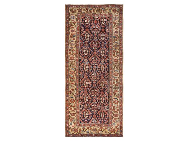 6'x13'9" Navy Blue, Antique Persian Malayer with Geometric Flower Design & Unique Gold Border, Long and Narrow, Hand Knotted, Natural Wool, Wide Runner, Oriental Rug HR78613