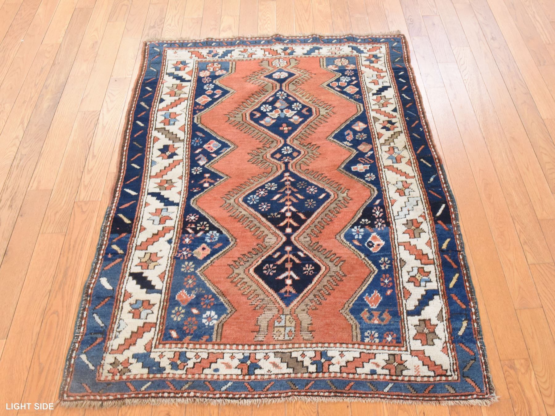 3'8"x4'10" Tangerine Orange, Antique Caucasian Kazak with Serrated Medallions, Excellent Condition, Full Pile, Hand Knotted, Pure Wool, Oriental Rug HR78614 - Image 3