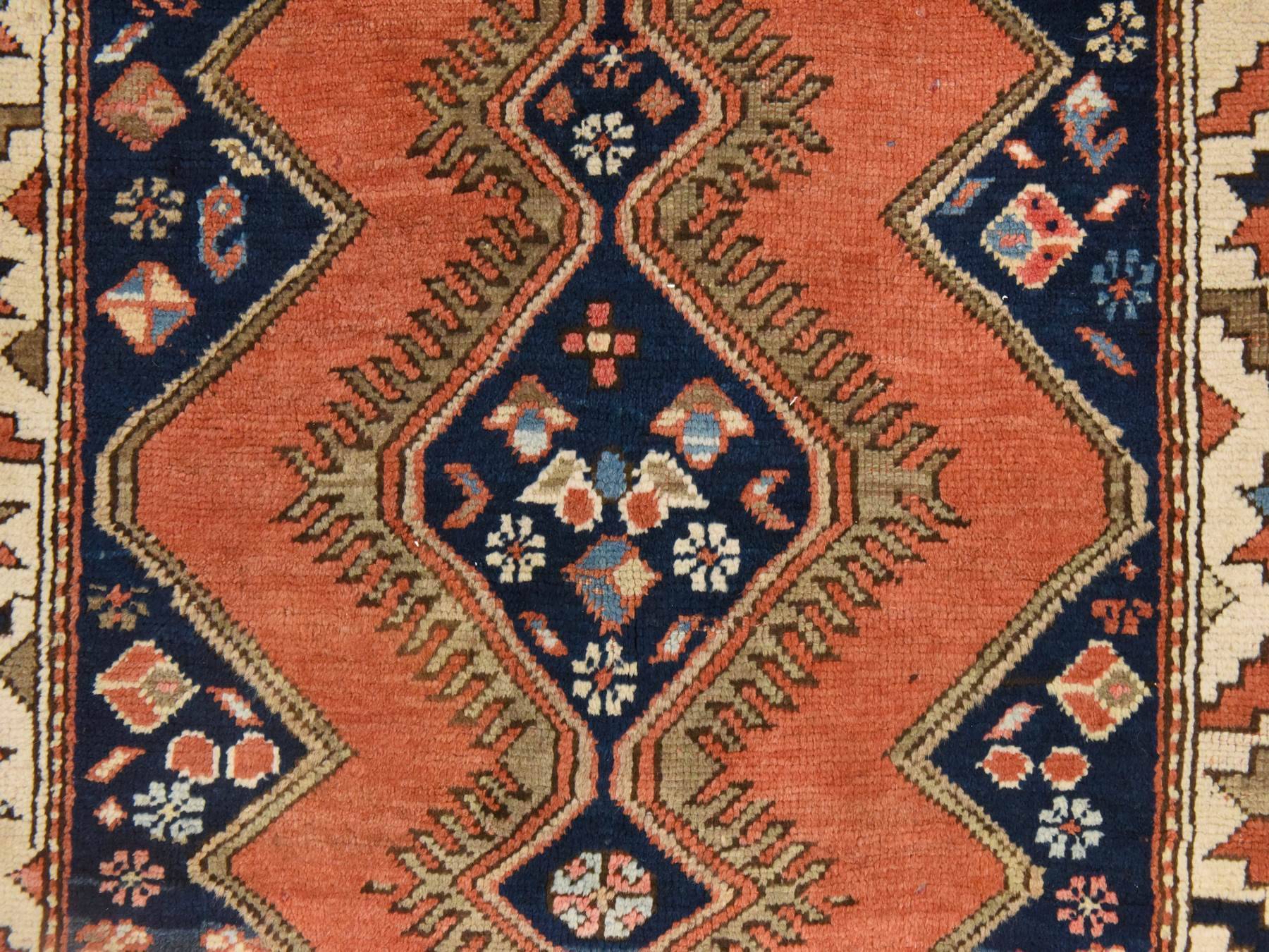 3'8"x4'10" Tangerine Orange, Antique Caucasian Kazak with Serrated Medallions, Excellent Condition, Full Pile, Hand Knotted, Pure Wool, Oriental Rug HR78614 - Image 4