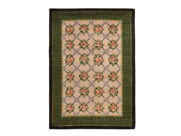 8'2"x11'2" Bone White, Mid Century European Spanish Savonnerie with Flower Trellis Design, Excellent Condition, Professionally Cleaned, Thick & Plush, Hand Knotted, Natural Wool, Fine Oriental Rug HR78617
