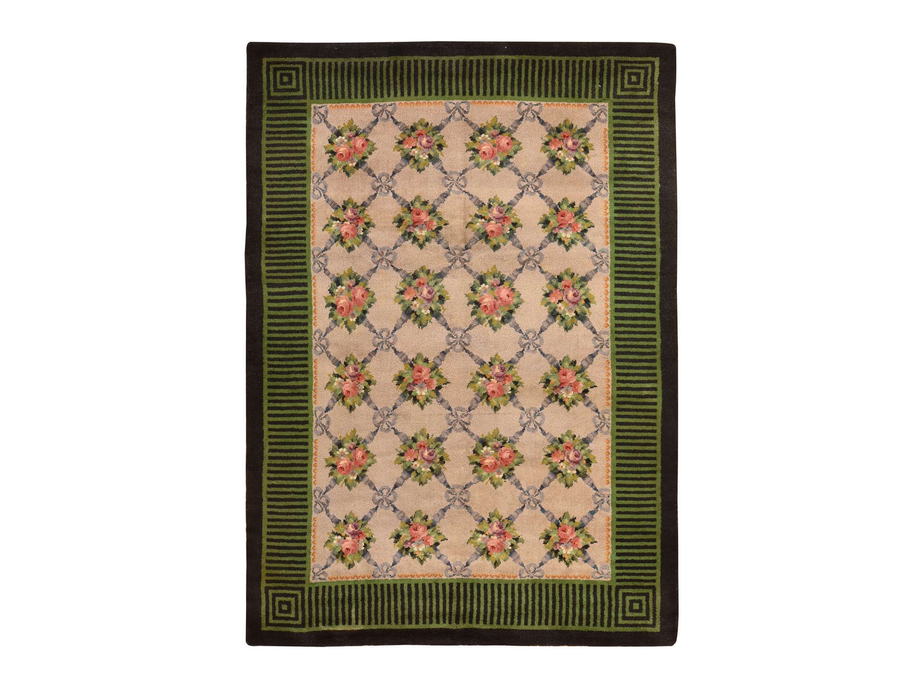 8'2"x11'2" Bone White, Mid Century European Spanish Savonnerie with Flower Trellis Design, Excellent Condition, Professionally Cleaned, Thick & Plush, Hand Knotted, Natural Wool, Fine Oriental Rug HR78617