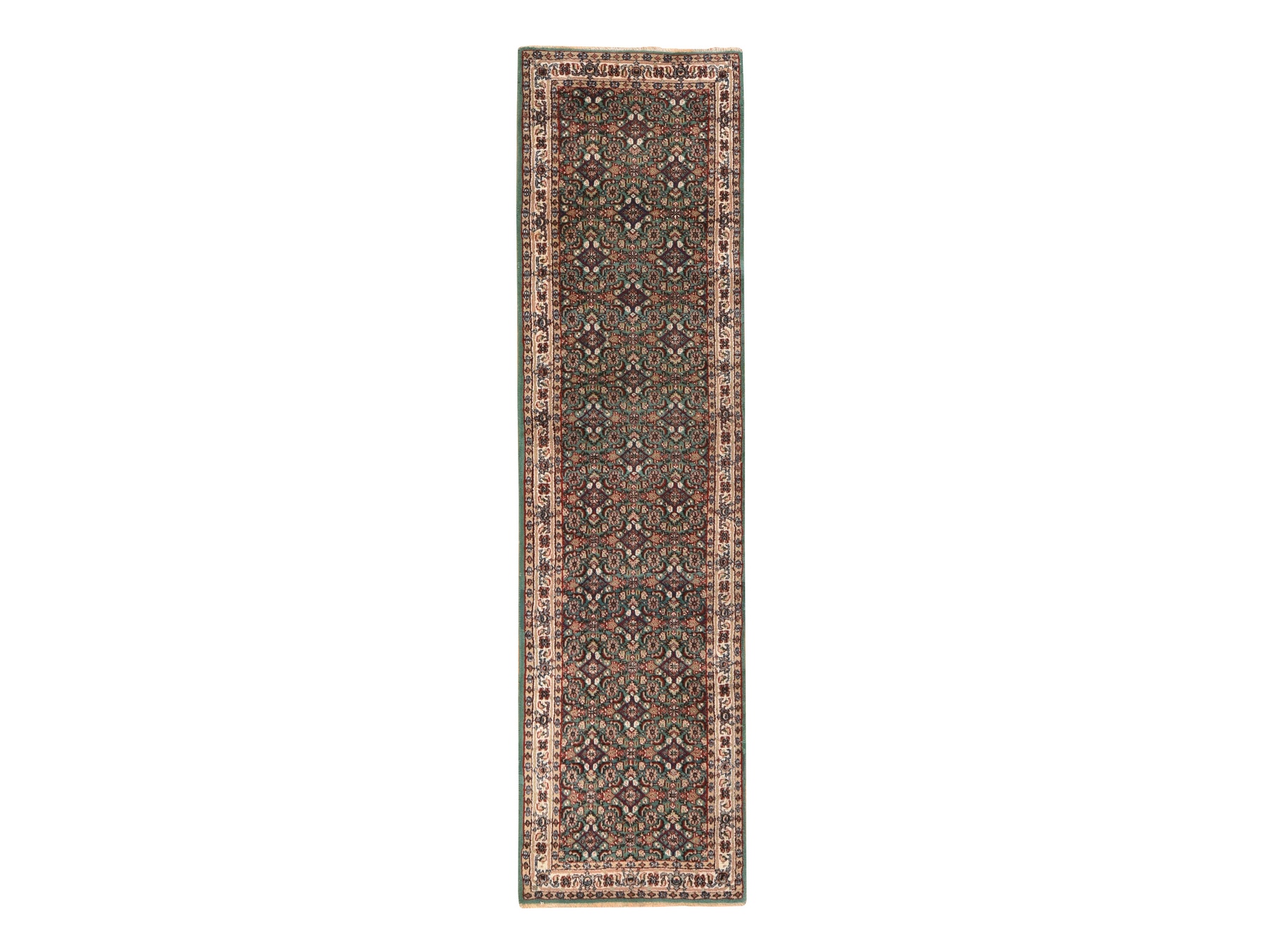 2'5"x9'6" Forest Green, Vintage Indo Bijar Herat with All Over Design, Very Good Condition, Clean, Sides and Ends Professionally Secured, Hand Knotted, Natural Wool, Narrow Runner, Fine Oriental Rug HR78625