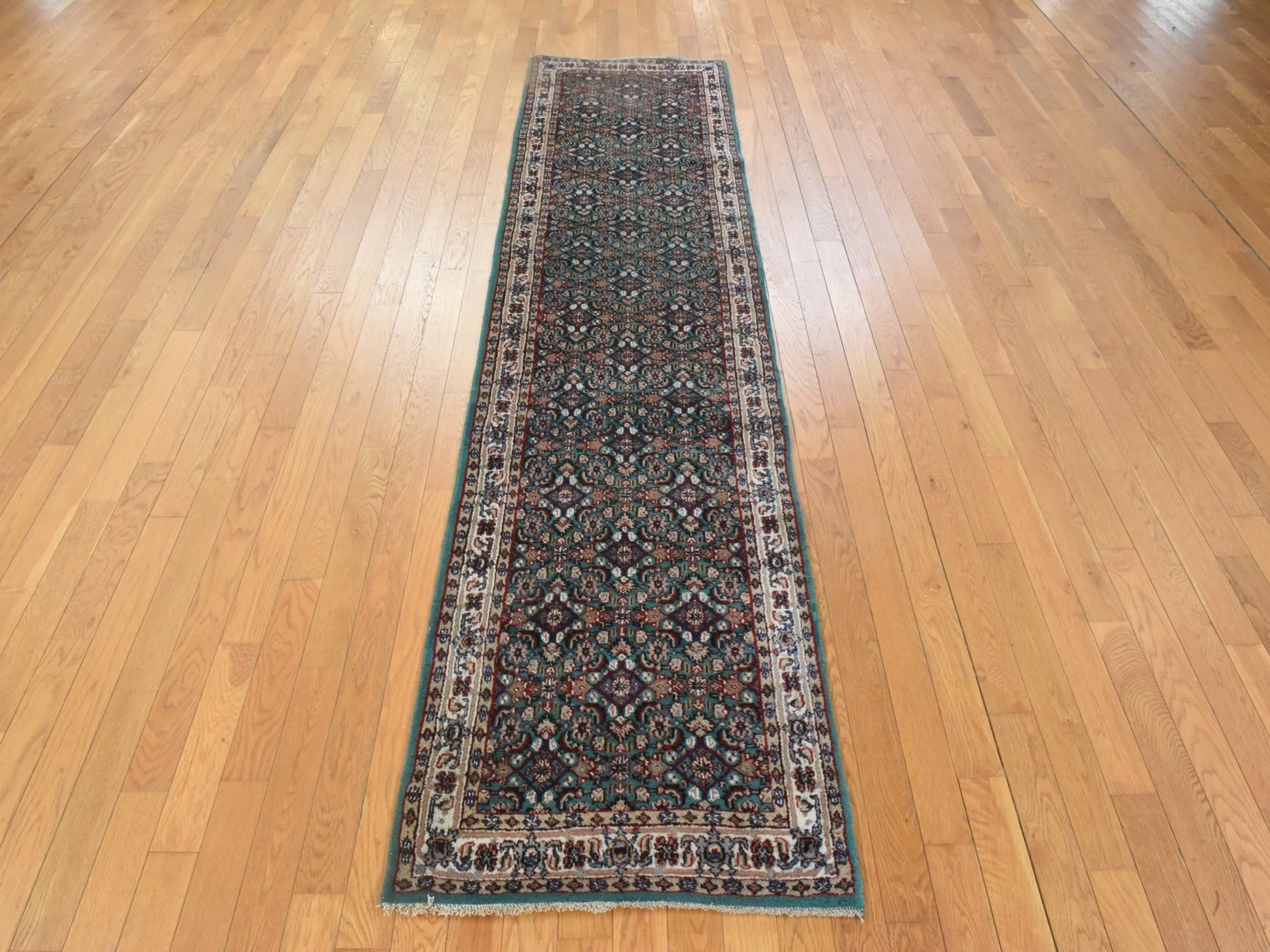 2'5"x9'6" Forest Green, Vintage Indo Bijar Herat with All Over Design, Very Good Condition, Clean, Sides and Ends Professionally Secured, Hand Knotted, Natural Wool, Narrow Runner, Fine Oriental Rug HR78625 - Image 2