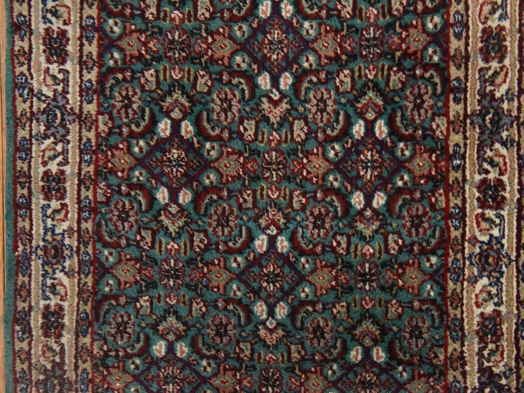 2'5"x9'6" Forest Green, Vintage Indo Bijar Herat with All Over Design, Very Good Condition, Clean, Sides and Ends Professionally Secured, Hand Knotted, Natural Wool, Narrow Runner, Fine Oriental Rug HR78625 - Image 4