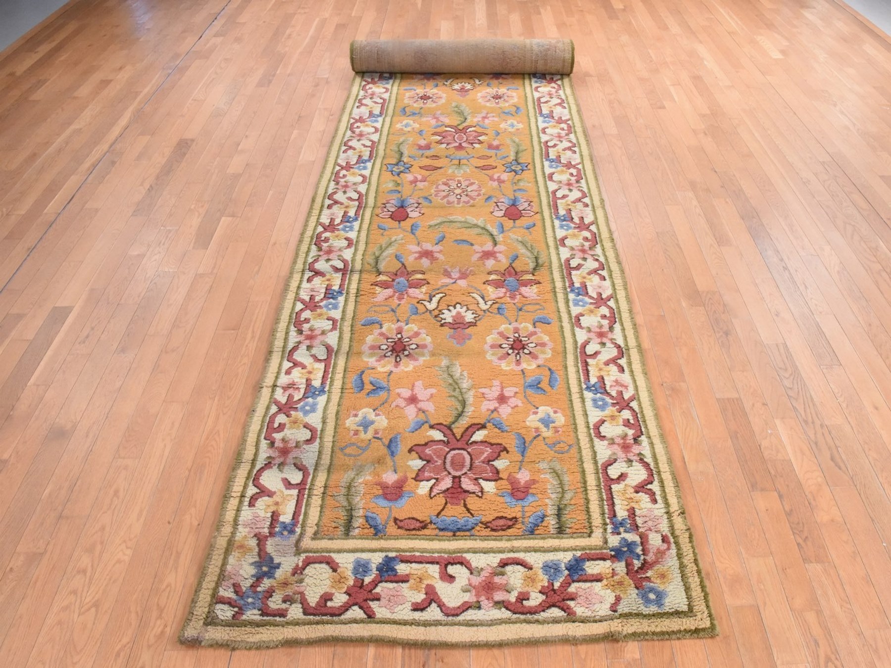 4'4"x17'4" Golden Yellow, Arts and Crafts European Design, Spanish, 100% Wool, Hand Knotted, XL, Wide Runner, Oriental Rug HR78639 - Image 2