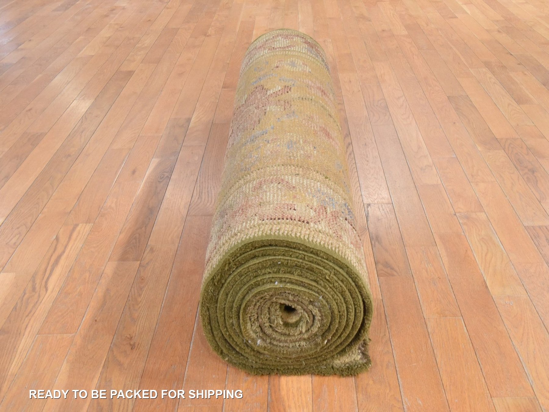 4'4"x17'4" Golden Yellow, Arts and Crafts European Design, Spanish, 100% Wool, Hand Knotted, XL, Wide Runner, Oriental Rug HR78639 - Image 8