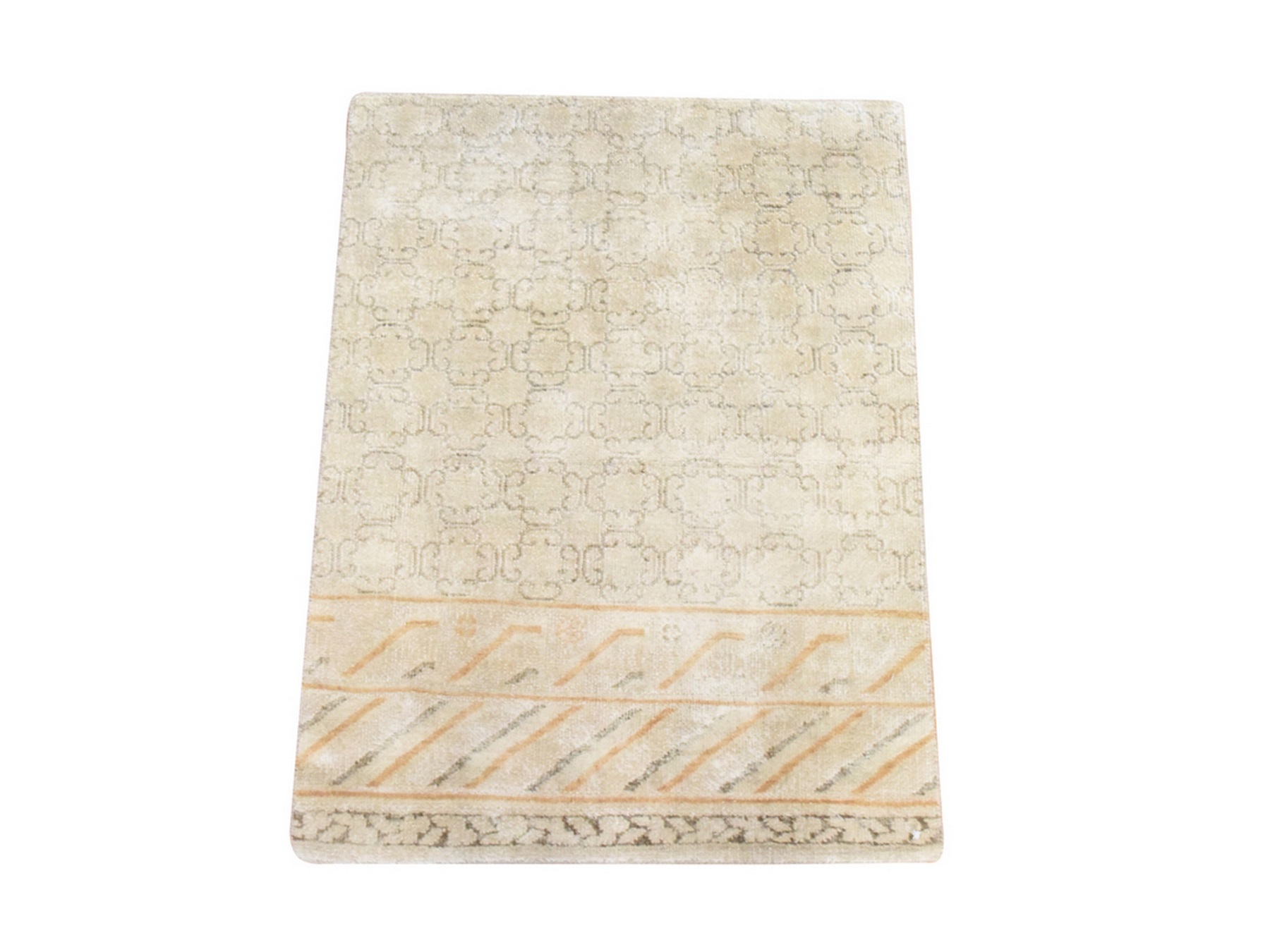 2'1"x3' Oyster White, Khotan Design, Silk, Hand Knotted, Sample, Mat, Oriental Rug HR78647