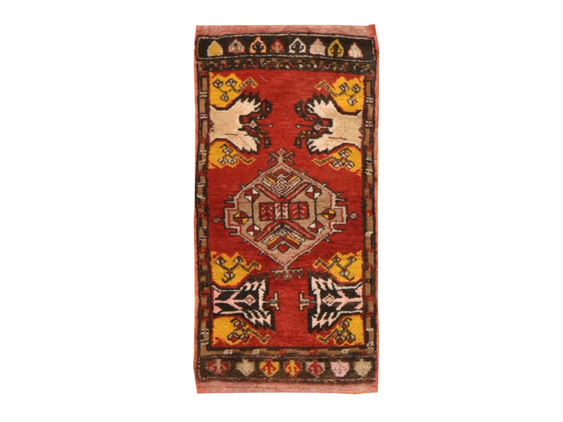1'8"x3'7" Crimson Red, Antique Turkish Oushak, Medallion Design, Hand Knotted, 100% Wool, Mat, Oriental Rug HR78652