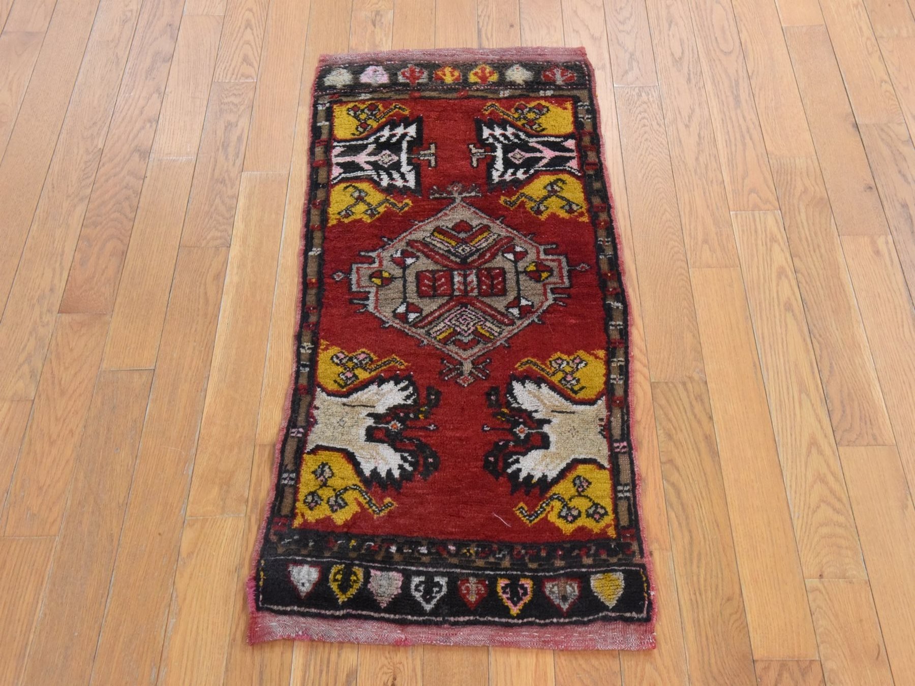 1'8"x3'7" Crimson Red, Antique Turkish Oushak, Medallion Design, Hand Knotted, 100% Wool, Mat, Oriental Rug HR78652 - Image 2