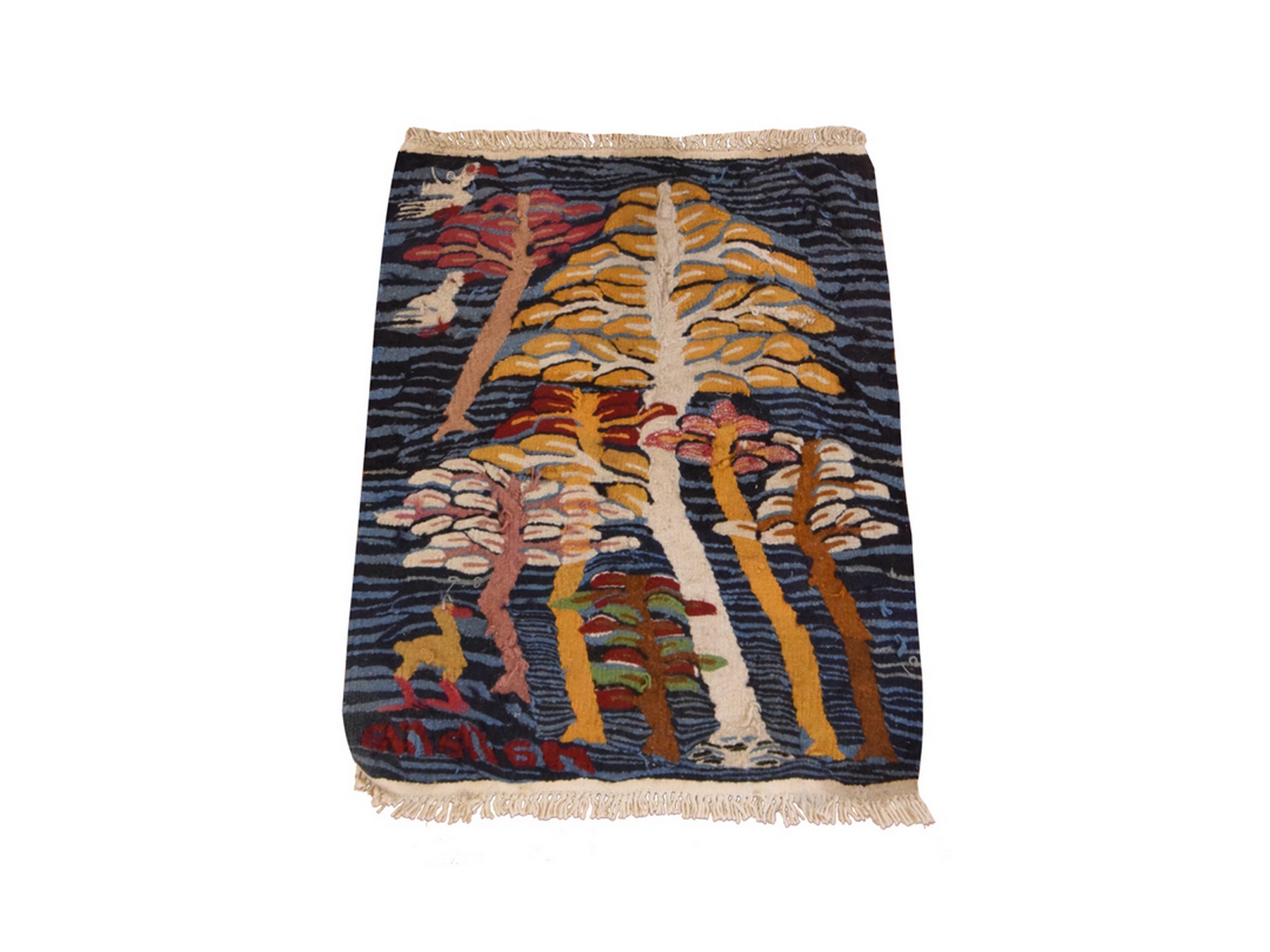 2'x2' Jasper Blue, Chain Stitch Kilim with Trees and Birds, Flat Weave, 100% Wool, Square, Mat, Oriental Rug HR78656