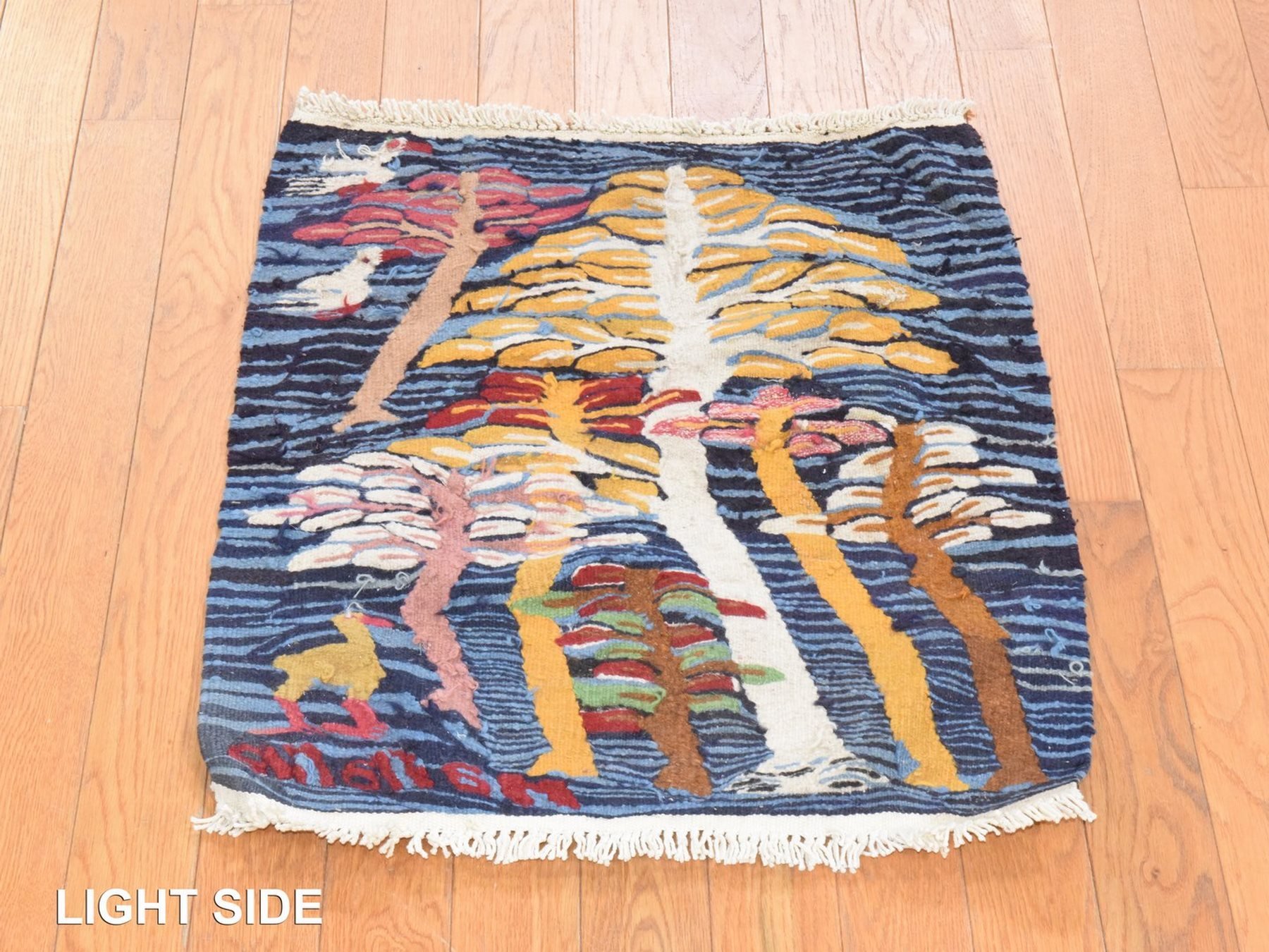 2'x2' Jasper Blue, Chain Stitch Kilim with Trees and Birds, Flat Weave, 100% Wool, Square, Mat, Oriental Rug HR78656 - Image 3