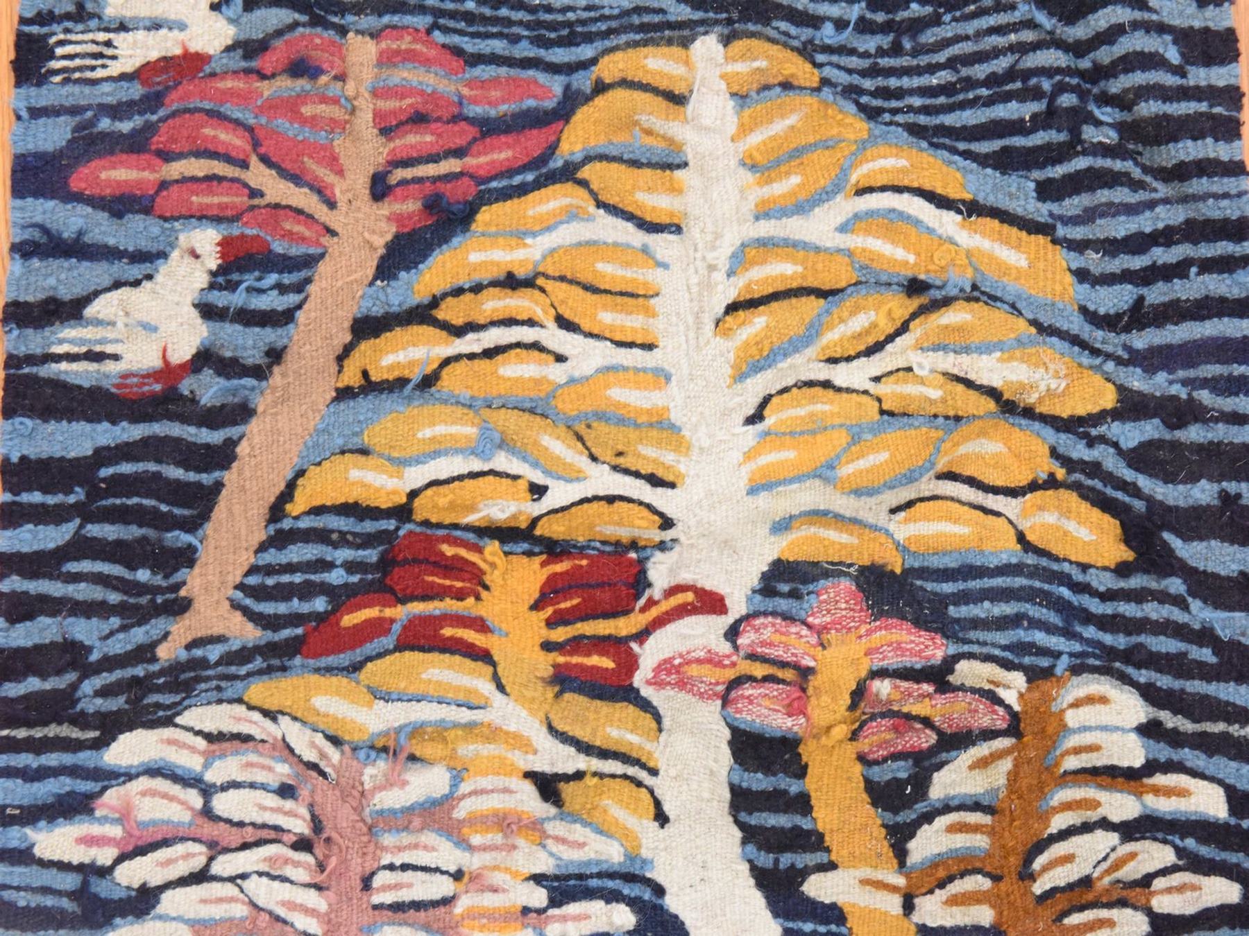 2'x2' Jasper Blue, Chain Stitch Kilim with Trees and Birds, Flat Weave, 100% Wool, Square, Mat, Oriental Rug HR78656 - Image 4