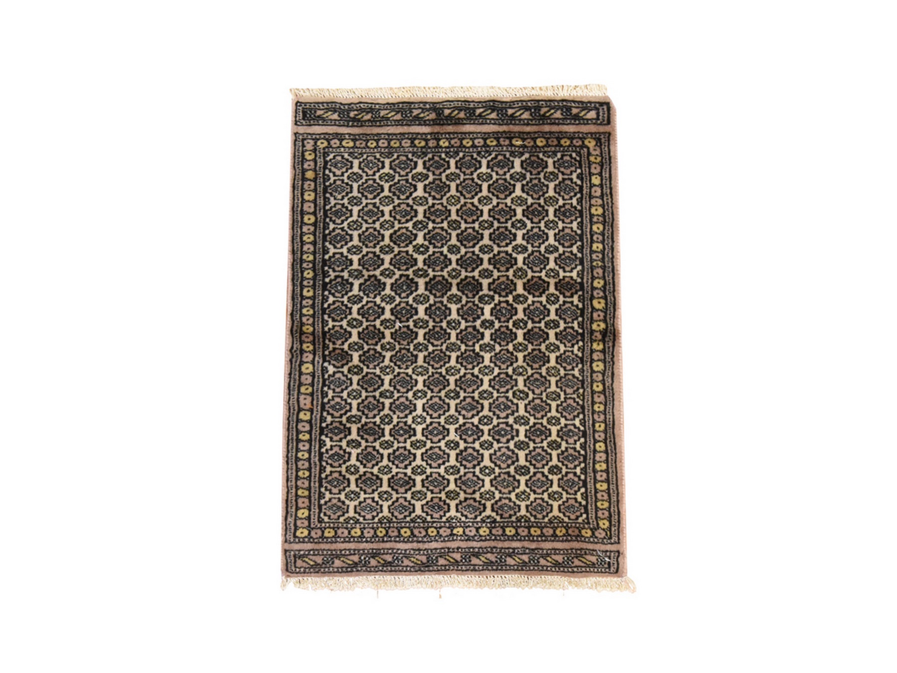 1'6"x2'2" Chiffon White, Bokara Repetitive Design, Hand Knotted, 100% Wool, Mat, Oriental Rug HR78657