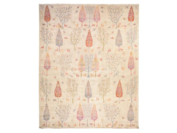 11'6"x14'6" Pearl White, Folk Art, Ethnic with Willow and Cypress Trees Design and Small Animal Figurines, Hand Knotted, Pure Wool, XL Oversized, Oriental Rug HR78659