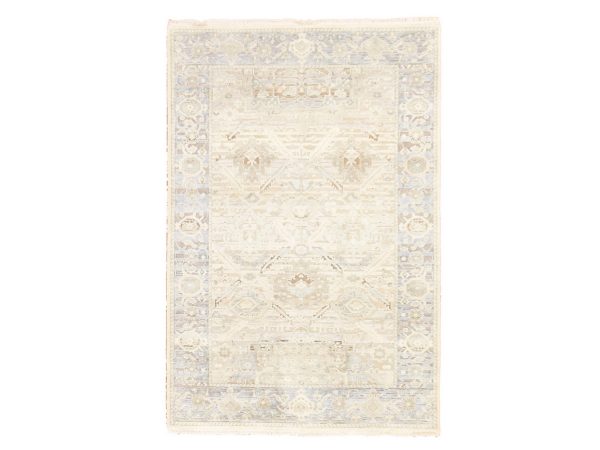 4'x6'2" Alabaster White, Oushak with Geometric Motif, Hand Knotted, Pure Silk and Textured Wool, Oriental Rug HR78730