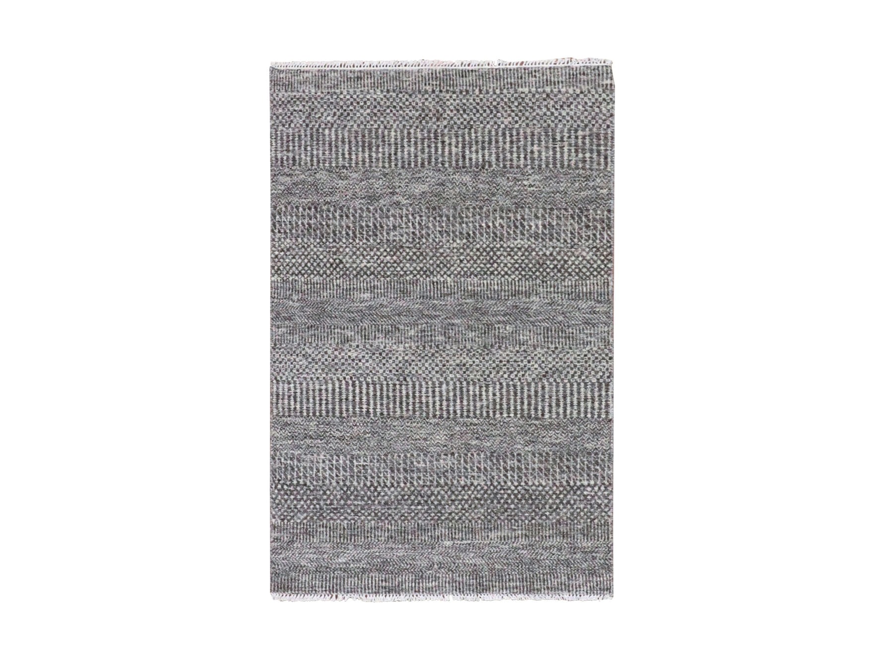 3'1"x5' Pebble and Gainsboro Gray, Modern Grass Design, Tone on Tone, Undyed 100% Wool, Hand Knotted, Oriental Rug HR79604