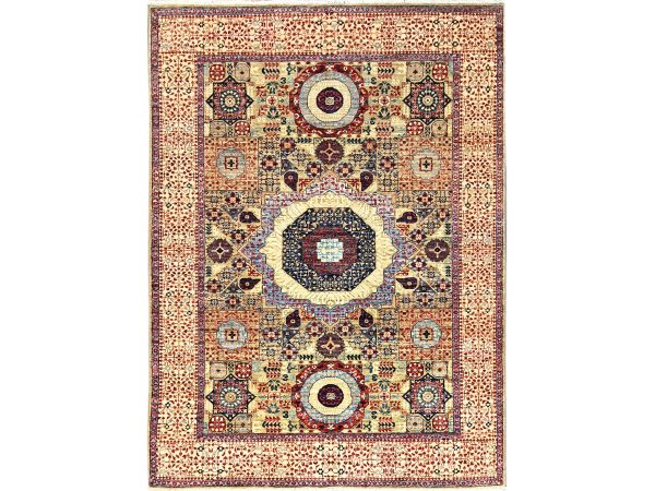 5'x6'8" Crocodile Green, Natural Dyes, Hand Knotted, Extra Soft Wool, 14th Century Mamluk Dynasty Pattern, 200 KPSI, Oriental Rug HR85864