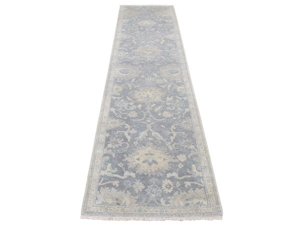 2'6"x10'2" Ash Gray, Oushak Influence, Silk with Textured Wool, Hand Knotted, Runner Oriental Rug HR87287