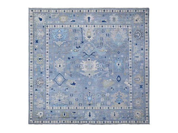 10'x10' Air Force Blue, Hand Knotted, Natural Dyes, Vibrant Rural Flower And Leaf Design, Wool Weft, Angora Oushak, Square Oriental Rug HR88687
