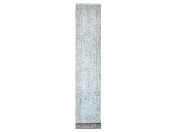 2'6"x19'1" Chrome Gray, Wool Foundation, Natural Dyes, Hand Knotted, Soft Pile, Village Elements All Over, Afghan Angora Oushak, XL Runner Oriental Rug HR89629