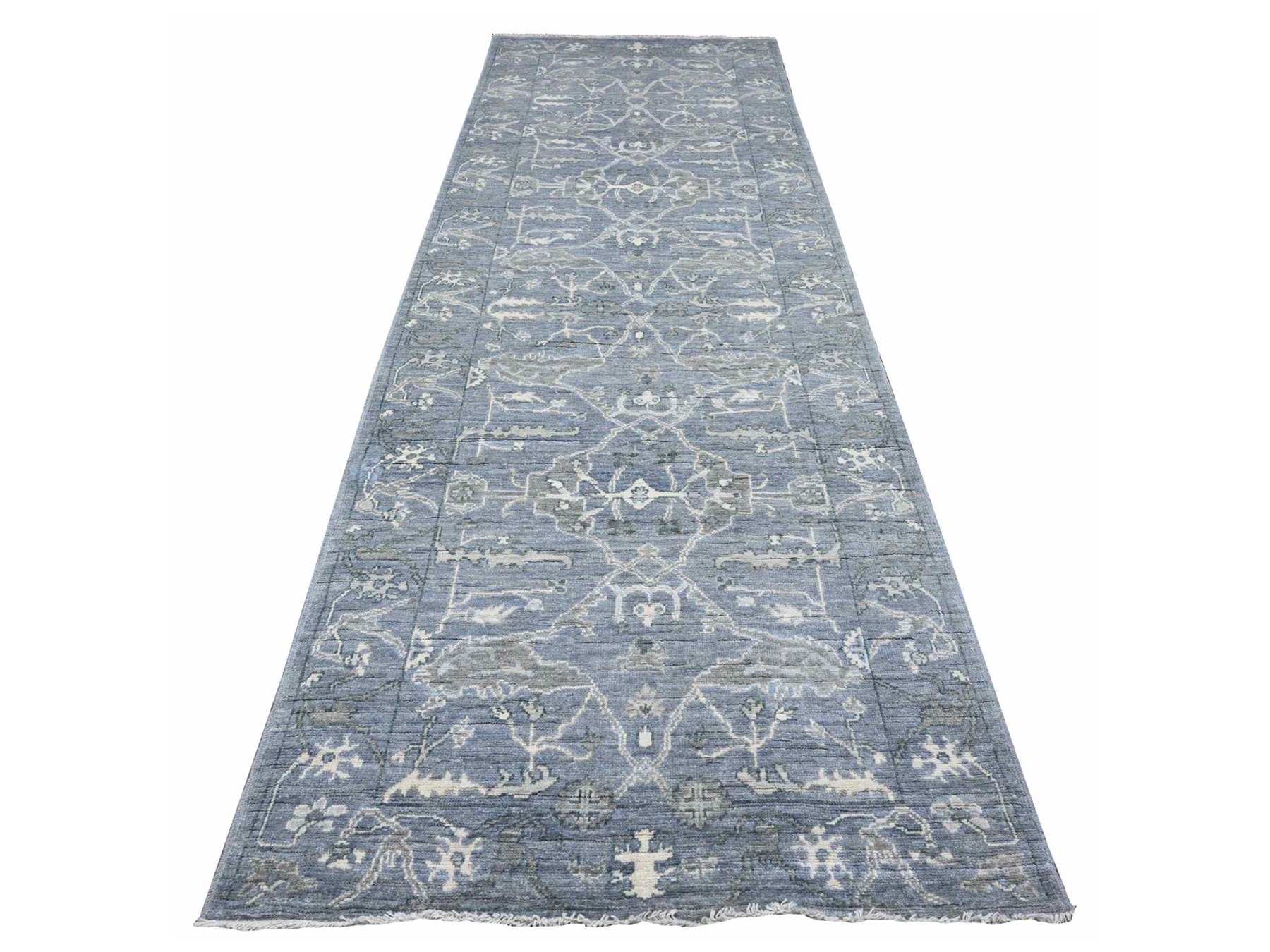 4'1"x11'1" Lava Gray, Wool Weft, Afghan Wide Runner, Hand Knotted, Vegetable Dyes, Angora Oushak, Rural Leaf And Flower All Over Design, Oriental Rug HR89673