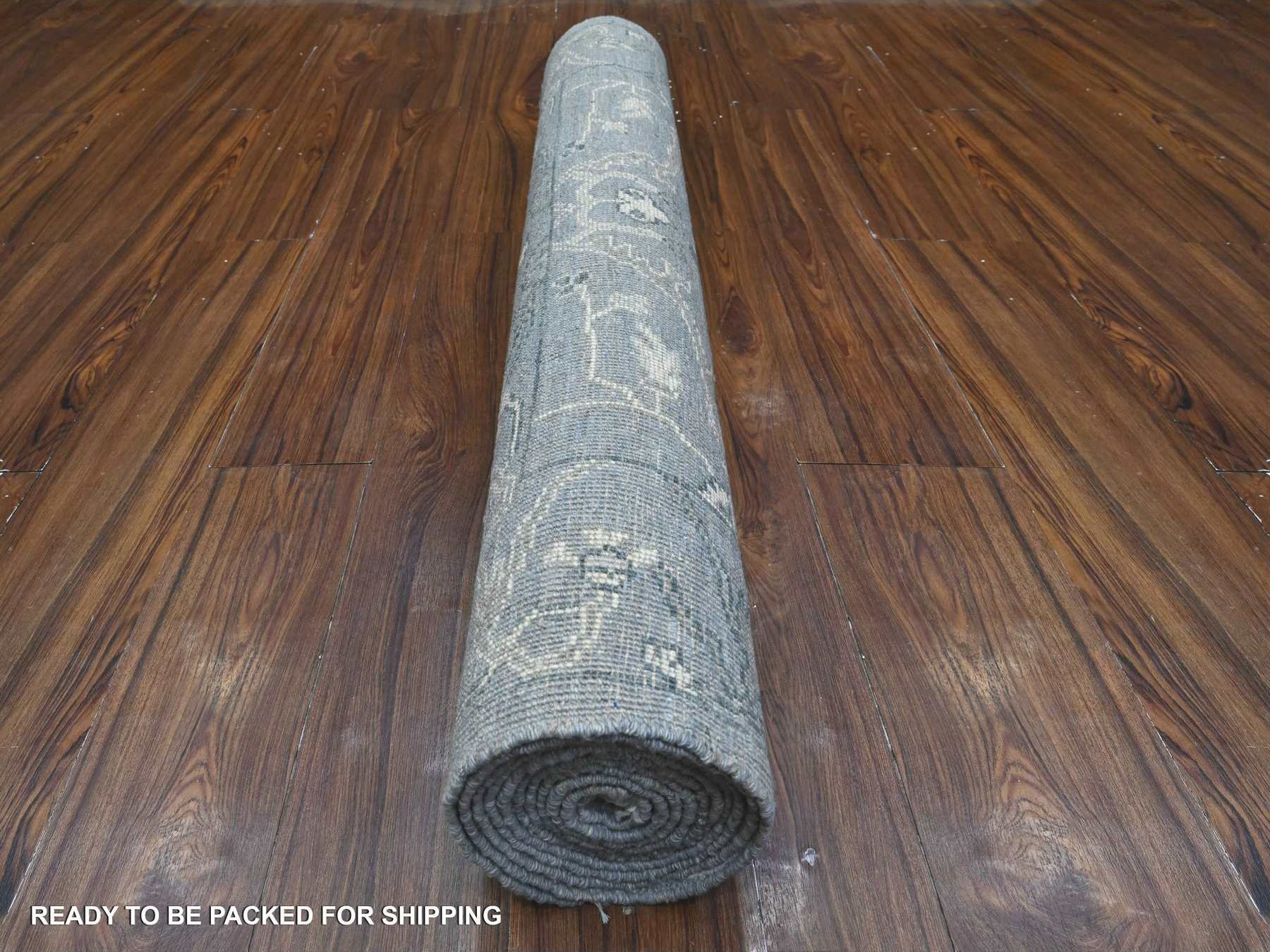 4'1"x11'1" Lava Gray, Wool Weft, Afghan Wide Runner, Hand Knotted, Vegetable Dyes, Angora Oushak, Rural Leaf And Flower All Over Design, Oriental Rug HR89673 - Image 4