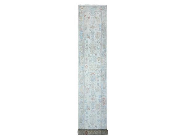 2'8"x19'2" Platinum White, Afghan Angora Oushak, Hand Knotted, Wool Weft, Natural Dyes, Village Motifs All Over Design, Oversized Runner Oriental Rug HR89677