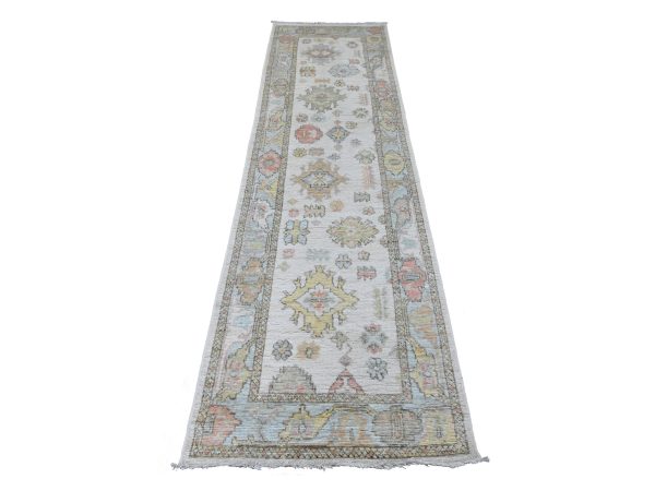 2'7"x9'8" Chiffon White, 100% Wool, Hand Knotted, Afghan Angora Oushak with Geometric Leaf Pattern, Vegetable Dyes, Runner, Oriental Rug HR89902