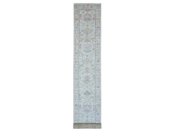 3'x22'5" Bone White, Afghan Angora Oushak with All Over Leaf Design, Vegetable Dyes, 100% Wool, Hand Knotted, XL Runner, Oriental Rug HR89944