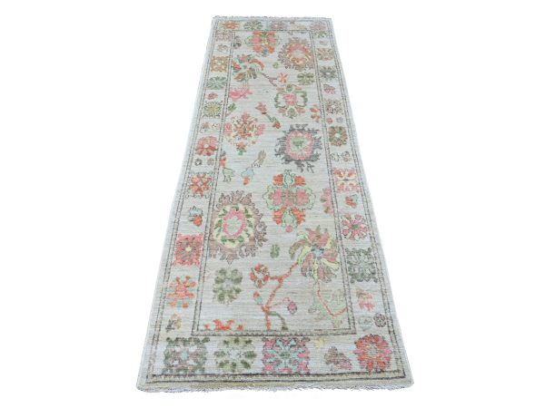 2'9"x8' Pastel Gray, Afghan Angora Oushak with Colorful Leaf Design, Natural Dyes, Hand Knotted, 100% Wool, Runner, Oriental Rug HR89963