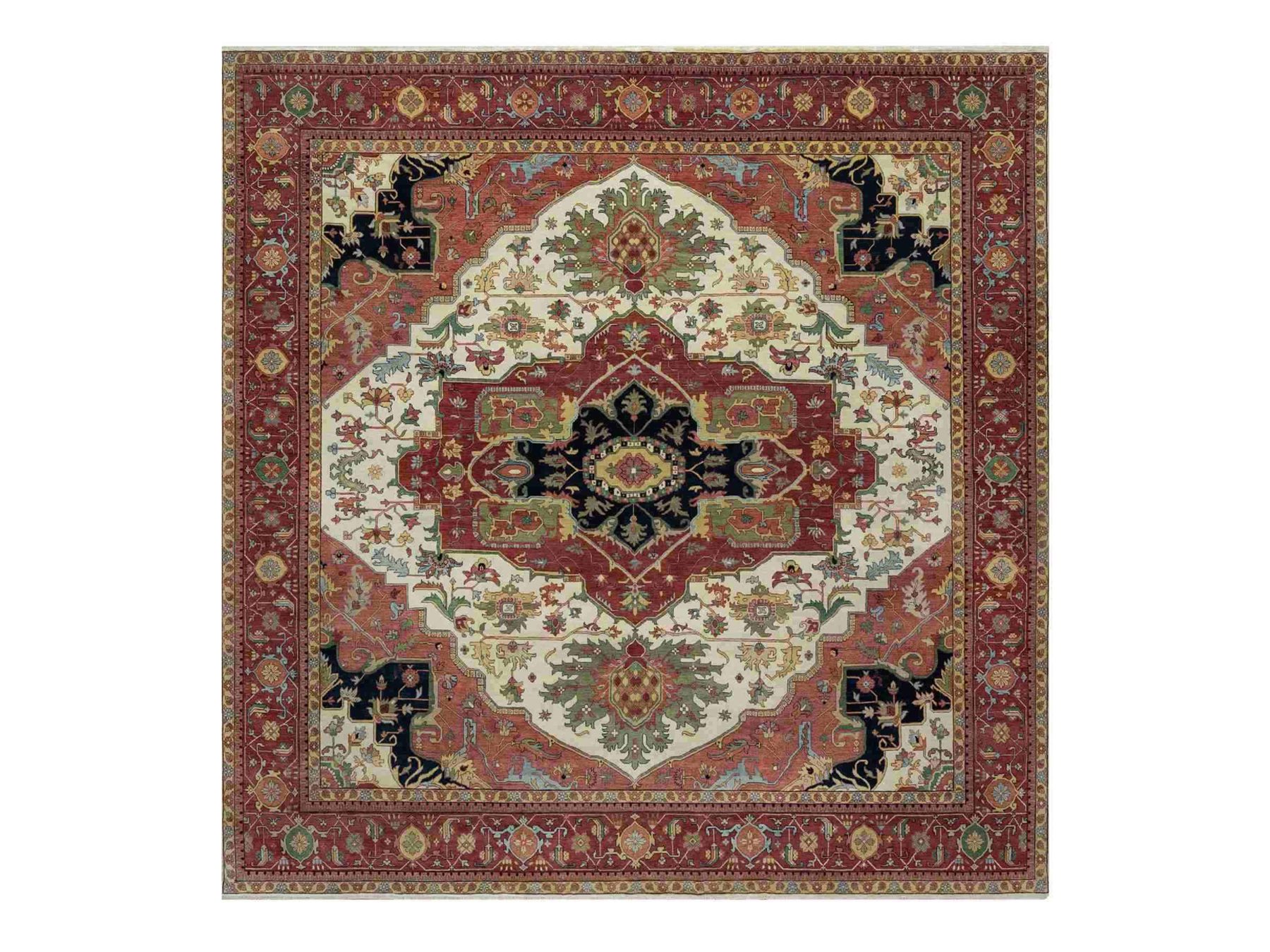 12'3"x12'3" Pearl White with Red, Antiqued Fine Heriz Re-Creation with Medallion Design, Denser Weave, Hand Spun New Zealand Wool, Hand Knotted, Square, Oriental Rug HR91107