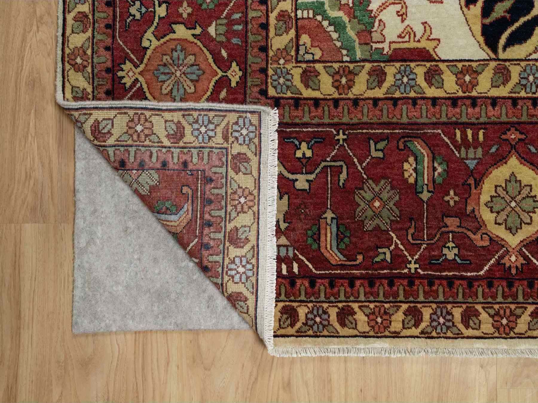 12'3"x12'3" Pearl White with Red, Antiqued Fine Heriz Re-Creation with Medallion Design, Denser Weave, Hand Spun New Zealand Wool, Hand Knotted, Square, Oriental Rug HR91107 - Image 4