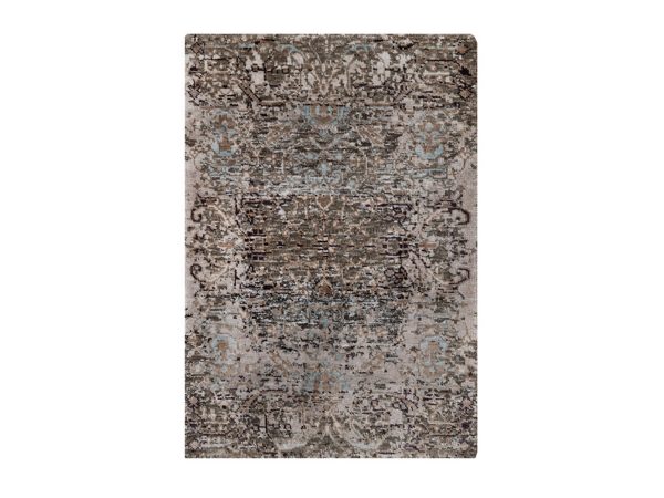 2'1"x3' Shades of Brown, Transitional Persian Influence Erased Flower Design, Silk with Textured Wool, Hand Knotted, Mat, Sample, Oriental Rug HR92595