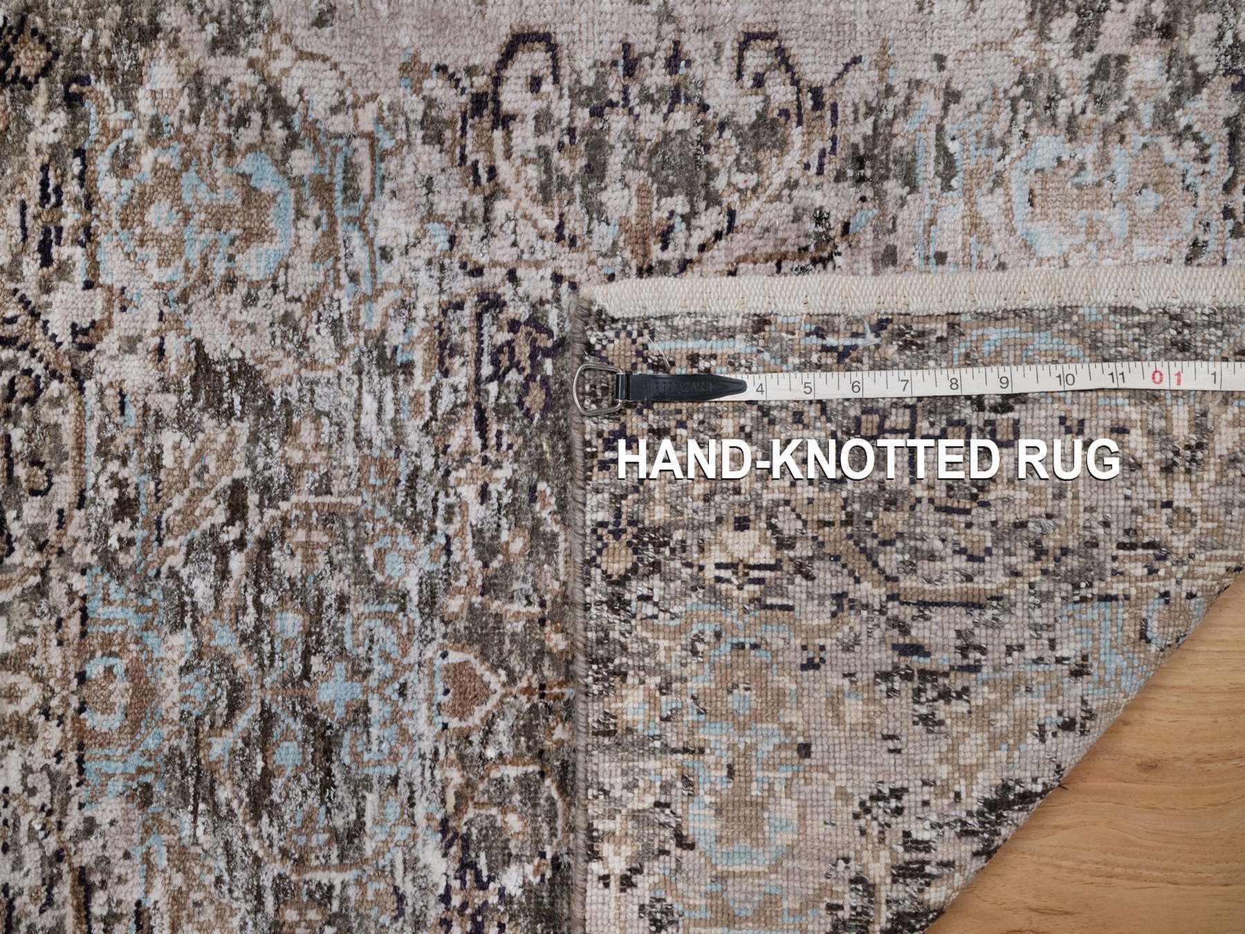 2'1"x3' Shades of Brown, Transitional Persian Influence Erased Flower Design, Silk with Textured Wool, Hand Knotted, Mat, Sample, Oriental Rug HR92595 - Image 8