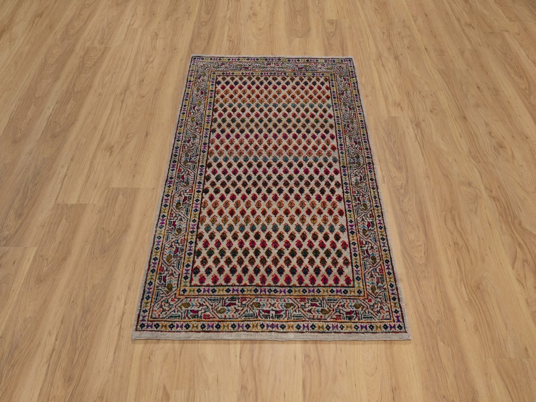 3'x5' Colorful, Hand Knotted, Sarouk Mir Inspired with Repetitive Boteh Design, Wool and Sari Silk, Oriental Rug HR92599 - Image 2