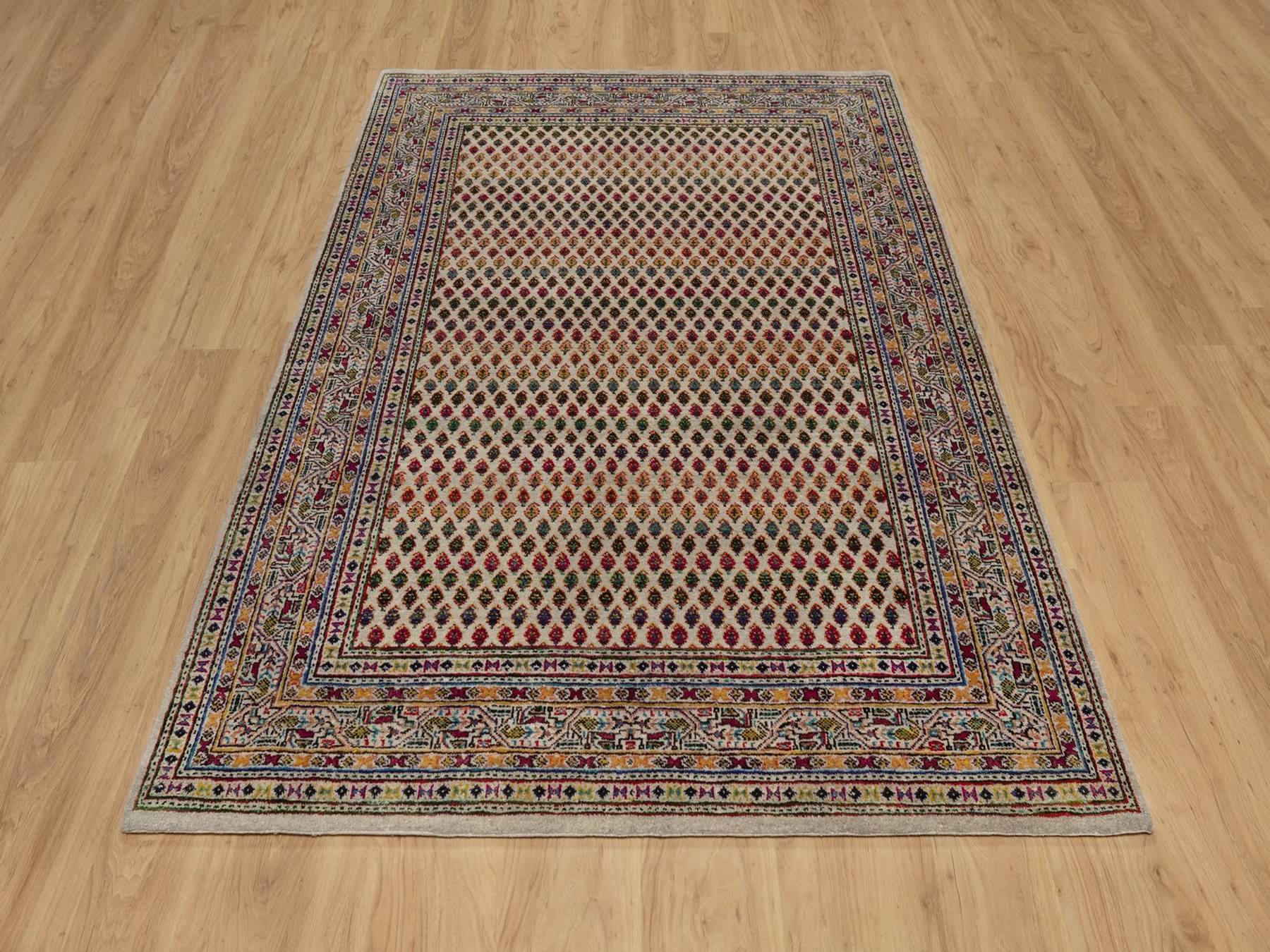 5'x7'1" Colorful, Sarouk Mir Inspired with Repetitive Boteh Design, Hand Knotted, Wool and Sari Silk, Oriental Rug HR92600 - Image 2