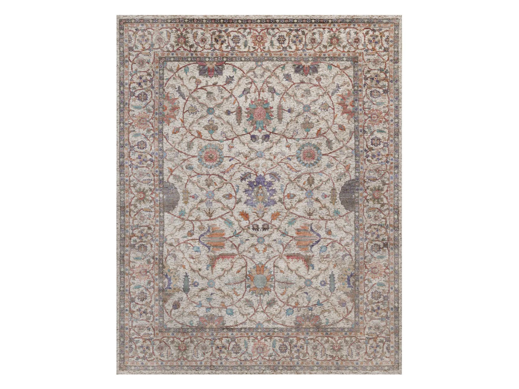 8'x10'1" Papyrus White, Silk Progressive Kashan Design with Scrolling Vines and Flowers, Hand Knotted, Oriental Rug HR92602