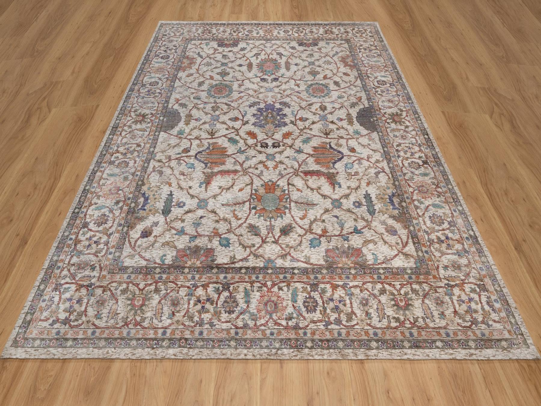 8'x10'1" Papyrus White, Silk Progressive Kashan Design with Scrolling Vines and Flowers, Hand Knotted, Oriental Rug HR92602 - Image 2