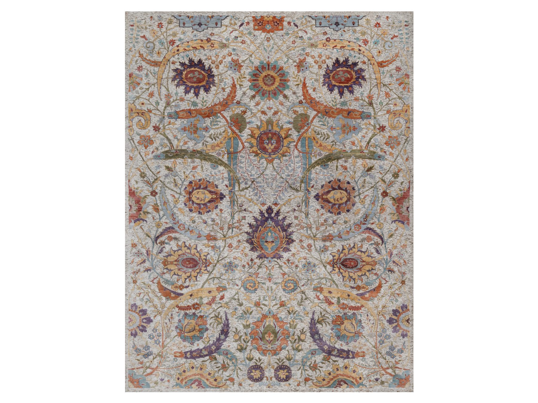 9'x12' Ivory and Brown, Hand Knotted, Colorful Sickle Leaf Design, Silk with Textured Wool, Oriental Rug HR92604