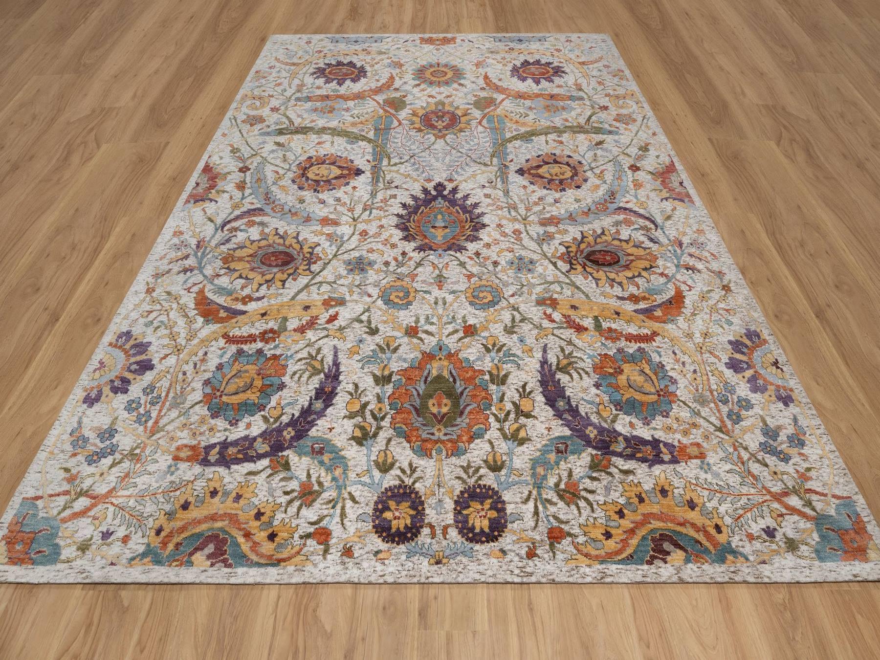 9'x12' Ivory and Brown, Hand Knotted, Colorful Sickle Leaf Design, Silk with Textured Wool, Oriental Rug HR92604 - Image 2