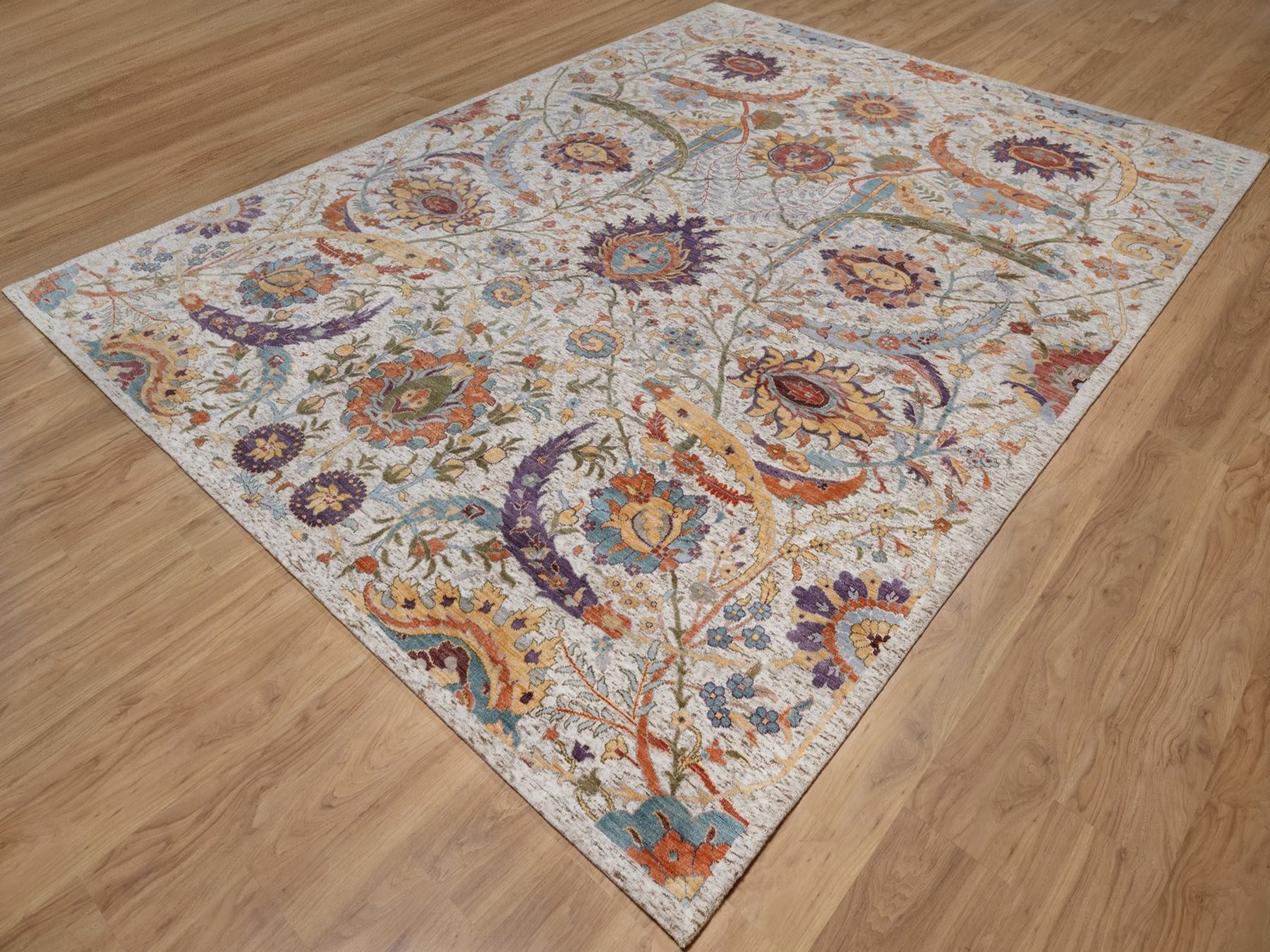 9'x12' Ivory and Brown, Hand Knotted, Colorful Sickle Leaf Design, Silk with Textured Wool, Oriental Rug HR92604 - Image 3